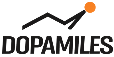 Logo of Dopamiles with a mountain and orange dot on a white background